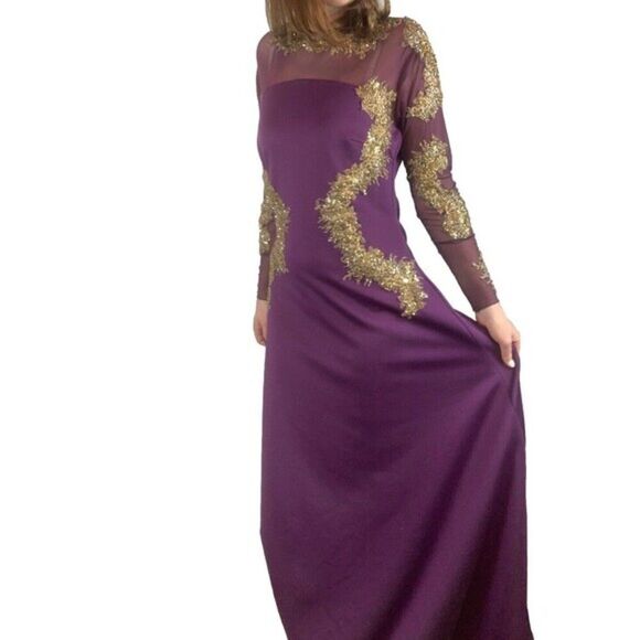 Walter Mendez Purple Evening Gown Dress Formal Prom Gold with Train - Picture 2 of 16
